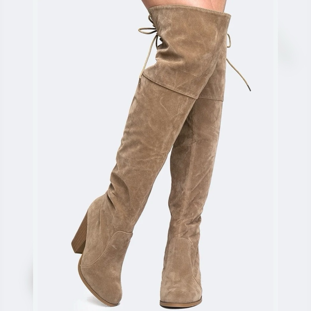 Charlotte Russe Beige Suede Over The Knee Heeled Boots